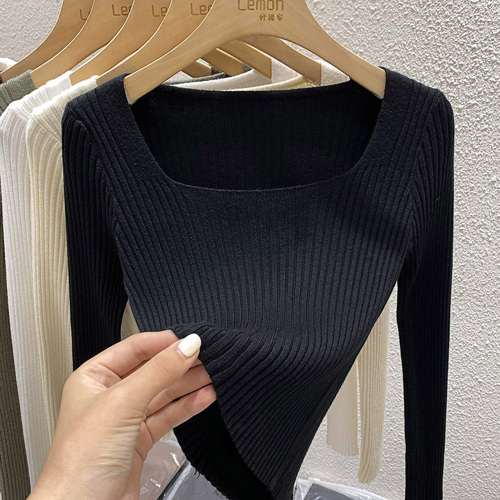 方领毛衣女黑色内搭打底衫修身