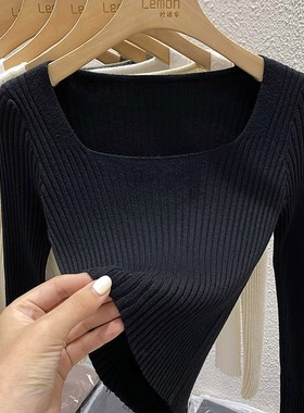 2025早春方领加厚毛衣女黑色内搭打底衫设计感小众修身针织衫上衣
