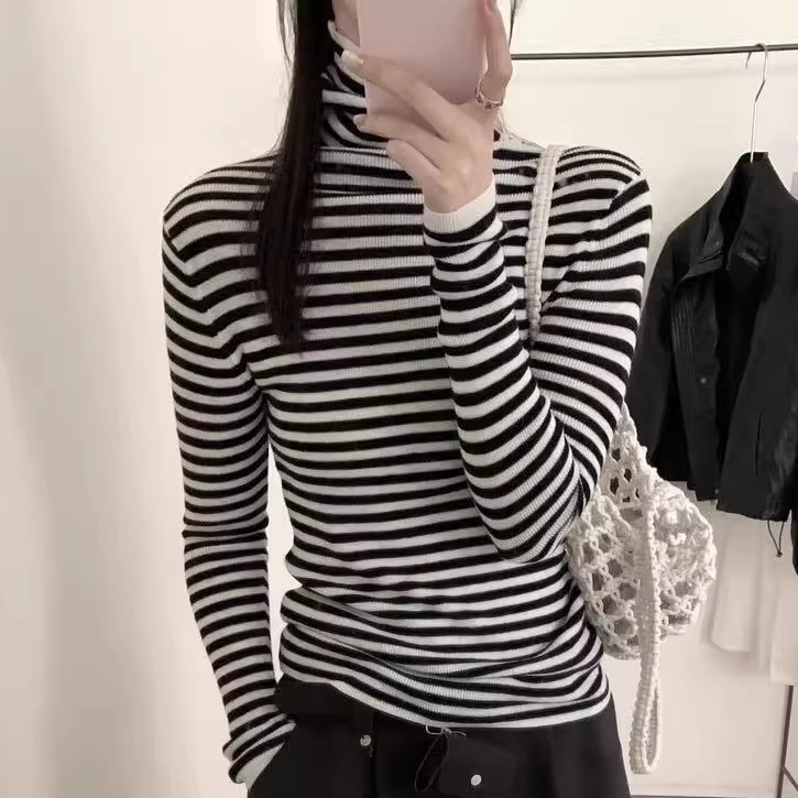 条纹堆堆领打底衫女法式内搭毛衣