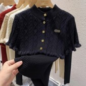 半高领毛衣女秋冬设计感小众黑色针织打底衫 斗篷披肩两件套装 上衣