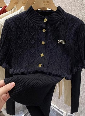 半高领毛衣女秋冬设计感小众黑色针织打底衫斗篷披肩两件套装上衣