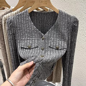 2023秋冬V领泡泡袖T恤女修身加厚羊绒内搭打底衫洋气短款开衫上衣