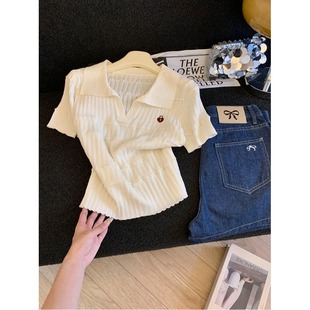 打底衫 刺绣气质修身 冰丝上衣 T恤女早春法式 白色POLO翻领针织短袖