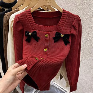 2023秋冬方领泡泡袖针织衫女加厚高级感蝴蝶结内搭毛衣打底衫上衣