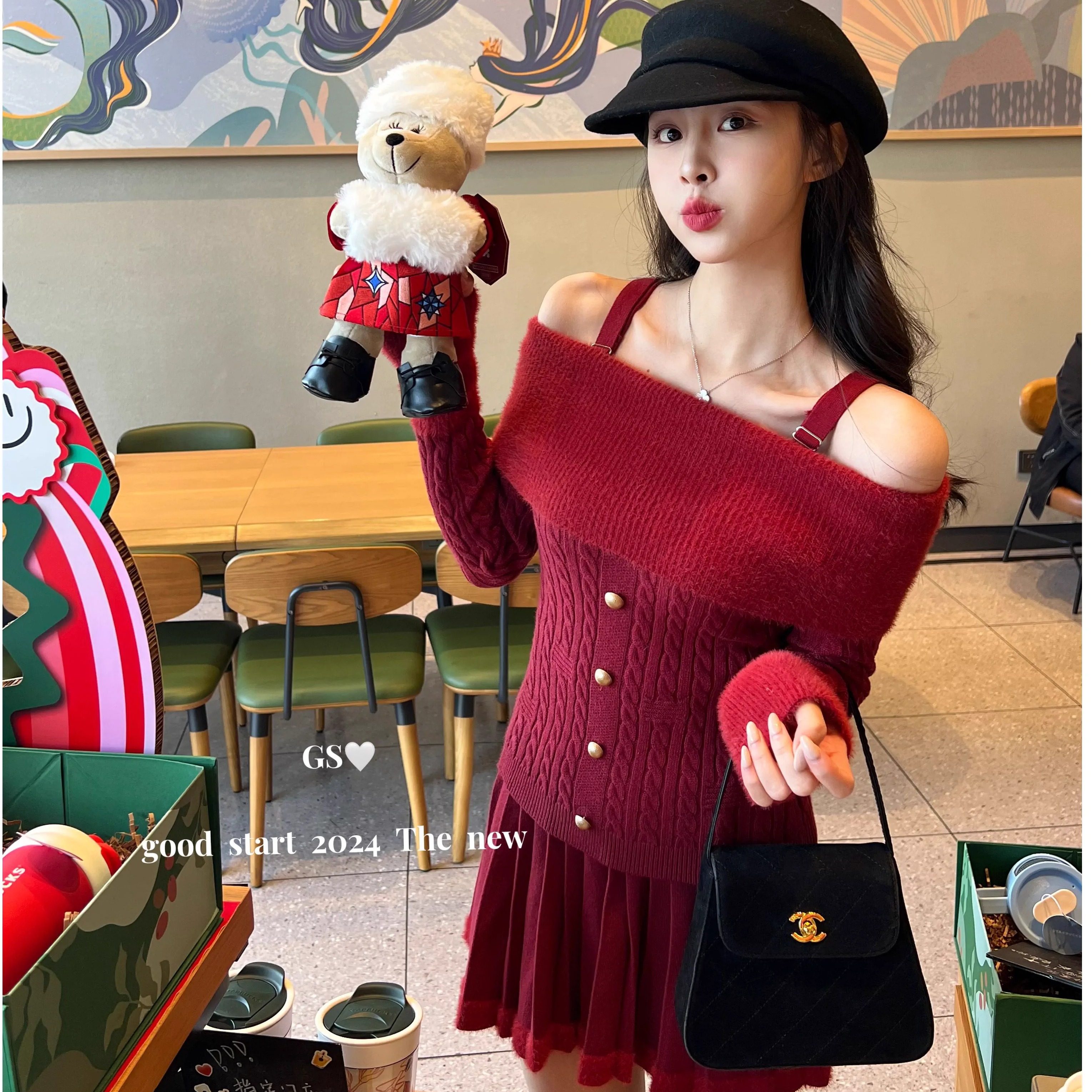 2024秋冬红色一字肩吊带毛衣女打底衫上衣法式针织百褶半身裙套装