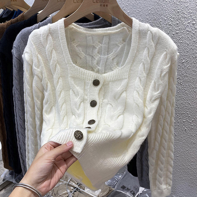 2022冬季针织开衫女法式方领小香风宽松白色加厚打底复古麻花毛衣,女装/女士精品,时尚防晒服,淘宝优惠券,粉丝福利购,淘宝优惠卷
