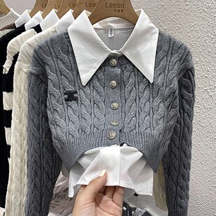 2025春季短款套装女上衣叠穿衬衫针织两件套条纹麻花毛衣开衫外套