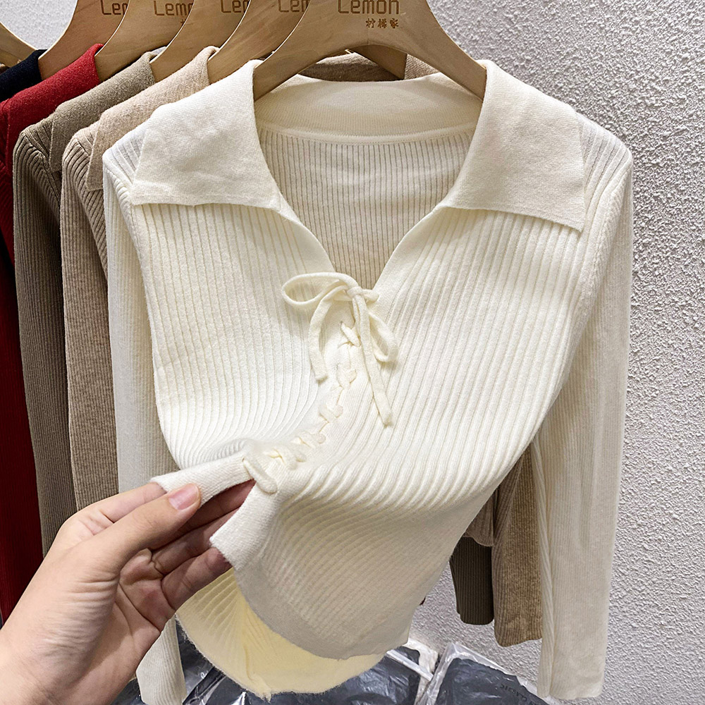 翻领针织衫女秋冬修身短款抽绳打底衫设计感小众内搭毛衣长袖上衣