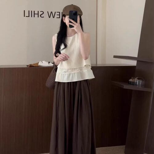 高级感亚麻蕾丝拼接假两件无袖背心女夏季高腰直筒a字休闲裤套装