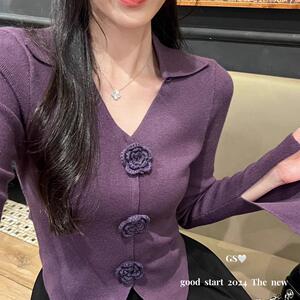 2024秋冬法式立体花朵翻领长袖针织衫女V领打底毛衣洋气修身上衣