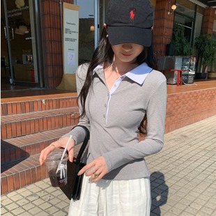 打底衫 T恤女早秋设计感小众上衣气质修身 内搭长袖 撞色翻领POLO衫