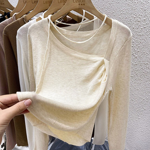 2023不规则长袖针织衫女秋季修身打底衫设计感小众高级感短款上衣