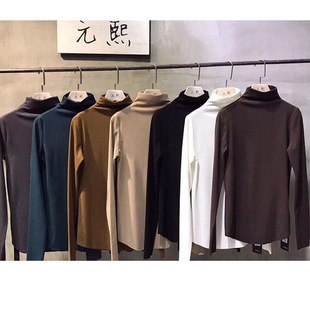 T恤上衣女 女秋冬百搭洋气长袖 黑色内搭加绒加厚修身 半高领打底衫