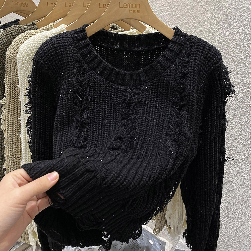 复古流苏毛衣女破洞针织衫