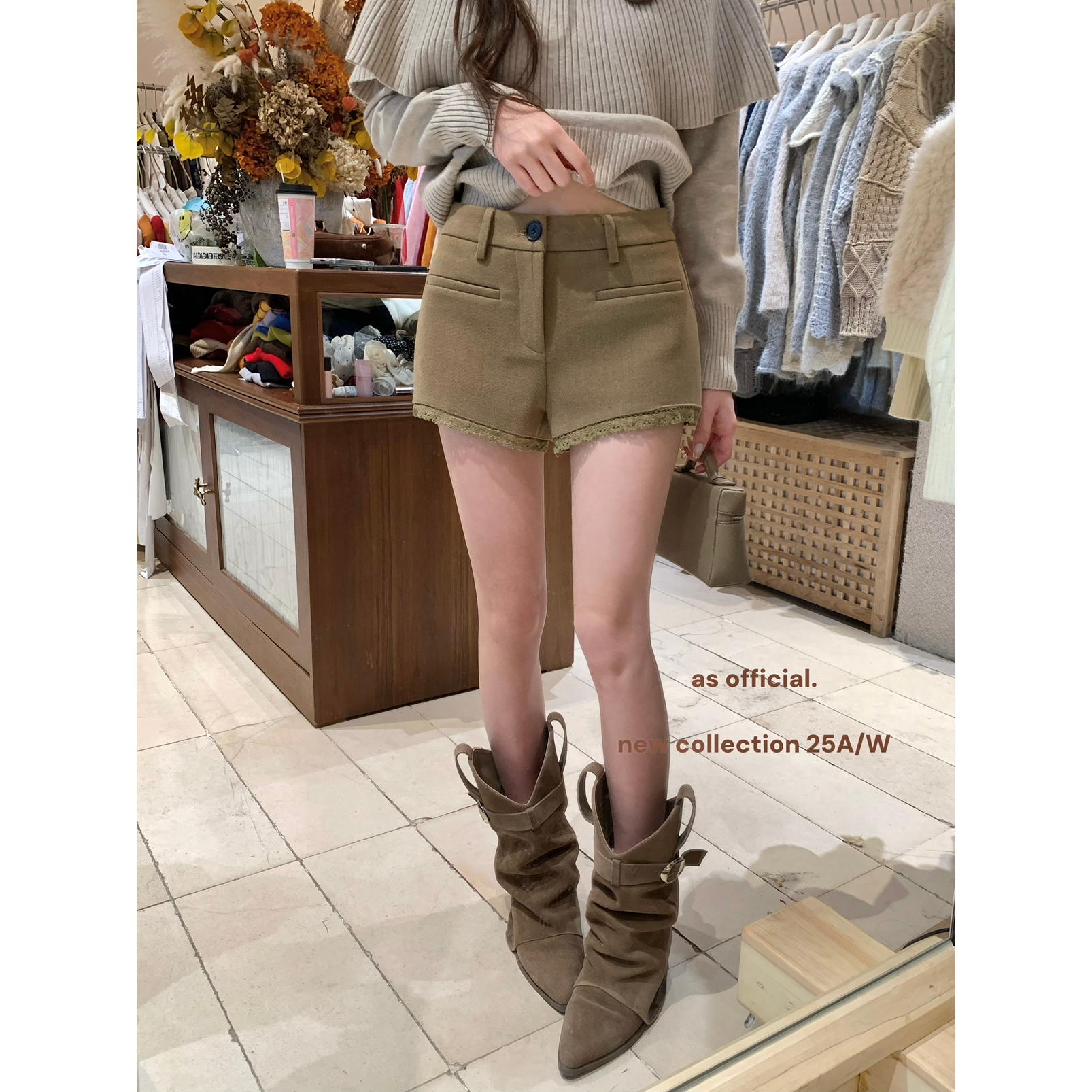 黑色高腰a字休闲短裤女毛呢加厚