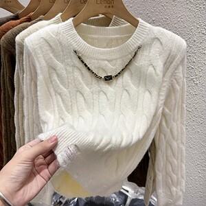 2023秋冬圆领麻花针织衫女高级设计感小众长袖毛衣短款打底衫上衣