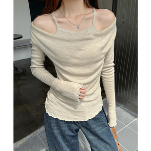 显瘦杏色上衣内搭打底衫 修身 女秋冬季 荡领假两件针织衫