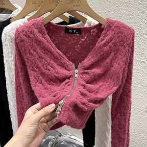 2023秋冬复古蕾丝V领衬衫女修身长袖打底衫高腰短款衬衣拉链上衣