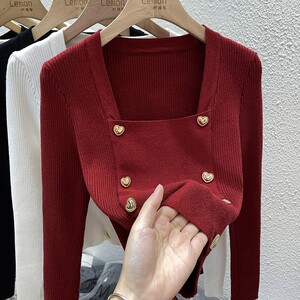 2023法式小香风毛衣女秋冬加厚设计感小众上衣方领内搭打底针织衫