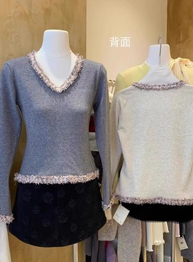 2024秋冬V领长袖针织衫女小香风毛衣设计感小众灰色修身打底上衣