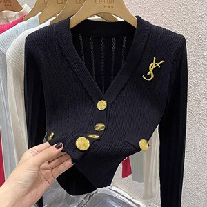 2023秋冬V领毛衣开衫外套女加厚设计感小众小香风短款针织衫上衣