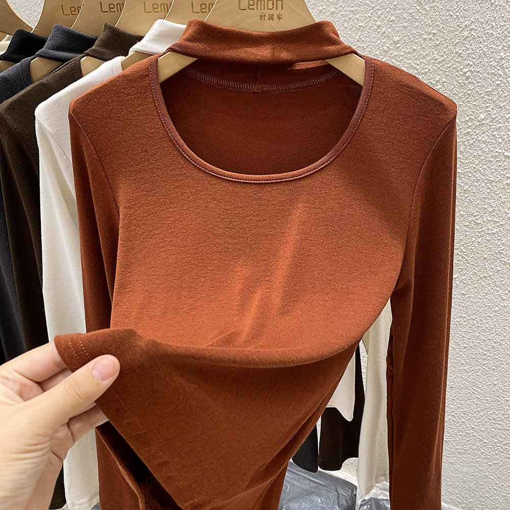 半高领挂脖长袖T恤修身镂空上衣