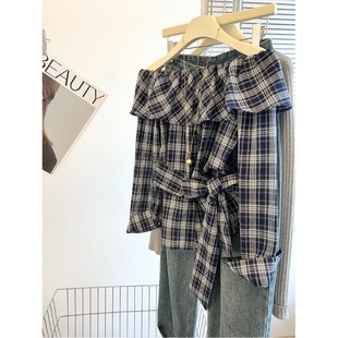 收腰绑带蝴蝶结衬衣露肩荷叶边上衣 女春季 一字肩撞色格子长袖 衬衫