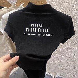 2023秋冬修身短袖打底衫女短款半高领内搭T恤不规则显瘦印花上衣