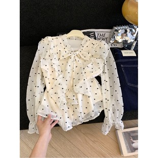 女春季 衬衫 蝴蝶结绑带衬衣设计感小众雪纺上衣 波点荷叶边长袖 法式