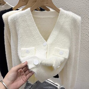 2023秋冬法式水貂绒毛衣开衫外套女宽松小香风短款V领针织衫上衣