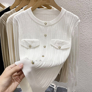 圆领针织衫女秋冬法式内搭打底衫设计感小众加厚长袖套头毛衣上衣