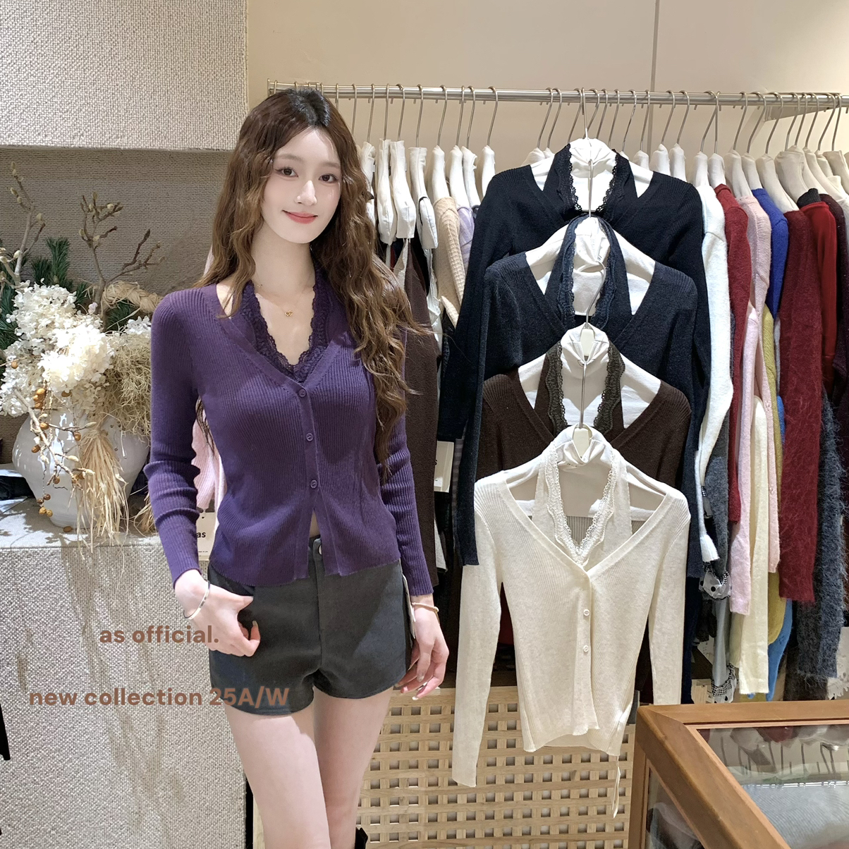 挂脖V领蕾丝假两件针织衫女上衣