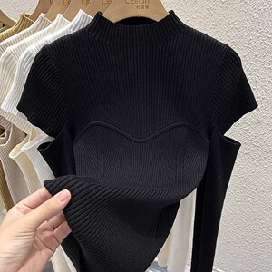 2023秋冬毛衣女高级设计感小众修身镂空针织半高领内搭打底衫上衣