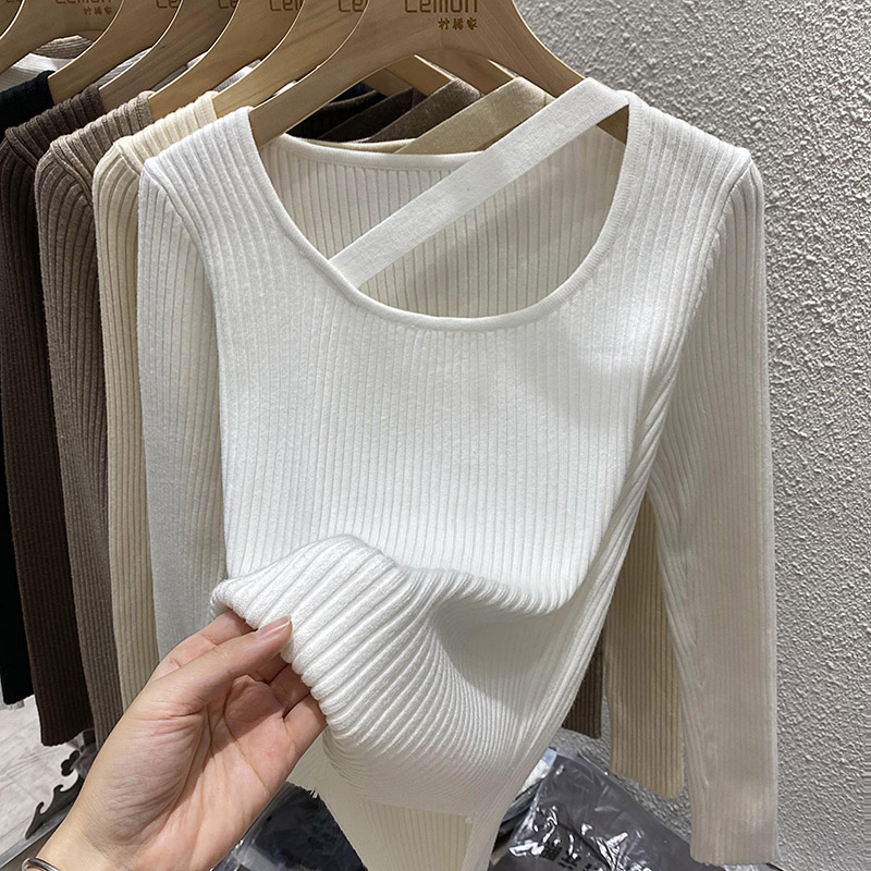 方领毛衣女白色设计感小众打底衫