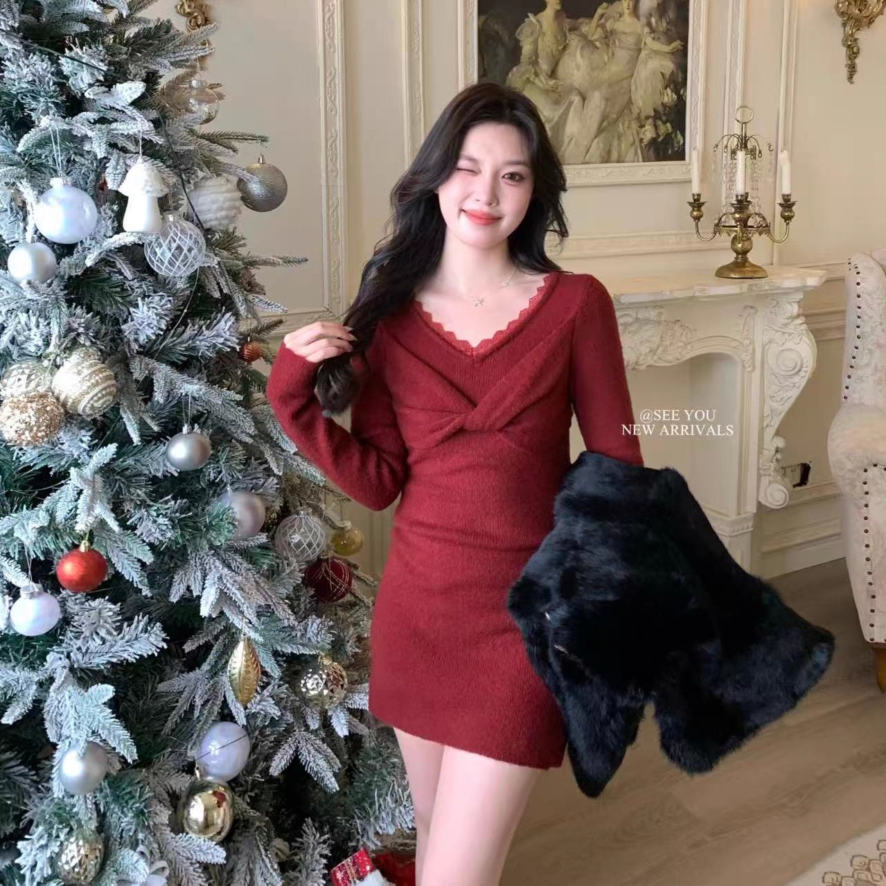 温柔风气质V领红色针织连衣裙女