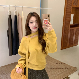 毛衣高级感宽松打底衫 长袖 女秋季 上衣 OFFICIAL斜肩飘带针织衫