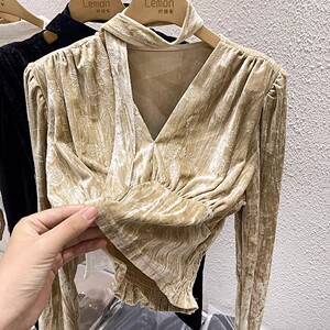 2023法式衬衫女早秋设计感小众修身金丝绒打底衫高腰短款长袖上衣