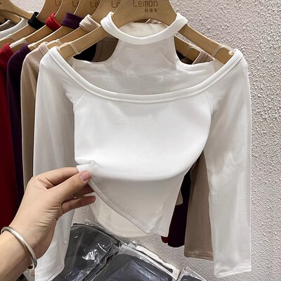 挂脖露肩打底衫女一字肩T恤上衣