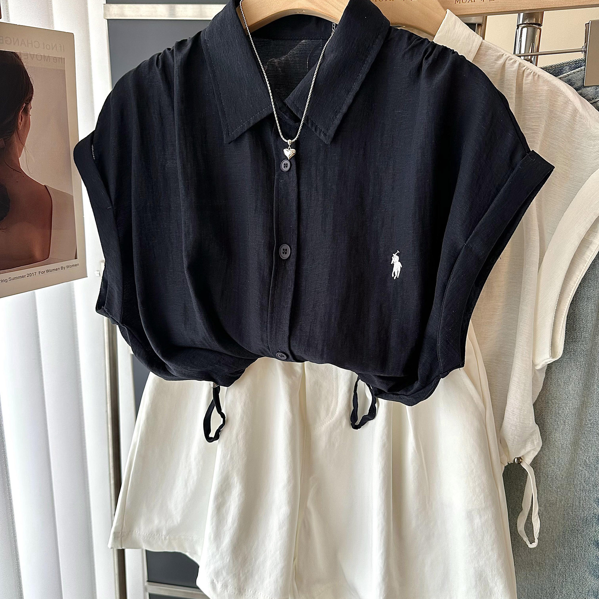 翻领简约棉麻衬衫女夏季宽松百搭Polo领小马刺绣衬衣休闲短袖上衣