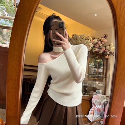 半高领露肩打底衫女挂脖针织上衣