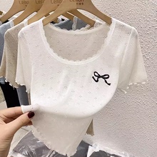 2024白色蕾丝花边短袖T恤女夏季修身设计感小众冰丝针织chic上衣