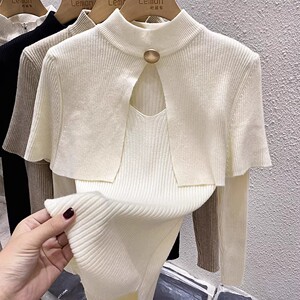 半高领披肩斗篷针织衫套装女冬季加厚修身显瘦打底衫洋气毛衣上衣