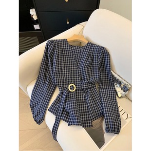 高级感时尚 女春季 减龄衬衣收腰显瘦上衣 衬衫 V领交叉绑带格子长袖