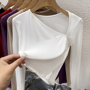 辣妹短款 莫代尔内搭打底衫 露锁骨上衣 T恤女早秋修身 不规则V领长袖