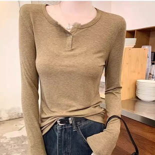 白色打底衫 正肩长袖 高级感简约亨利领上衣修身 2026新款 t恤 女春季