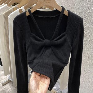 针织衫上衣女设计感小众法式方领挂脖冬季内搭洋气修身短款打底衫
