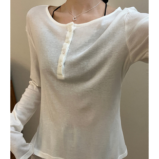 宽松显瘦打底衫 t恤女早春2026新款 内搭正肩上衣潮 长袖 亨利领薄款