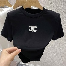 2025夏季黑色修身短袖T恤女设计感小众洋气辣妹短款高腰露脐上衣