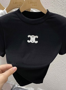 2025夏季黑色修身短袖T恤女设计感小众洋气辣妹短款高腰露脐上衣