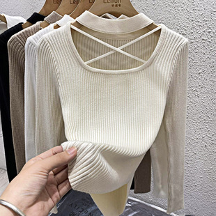 方领挂脖针织打底衫 不规则上衣 女设计感小众内搭秋冬加厚毛衣修身